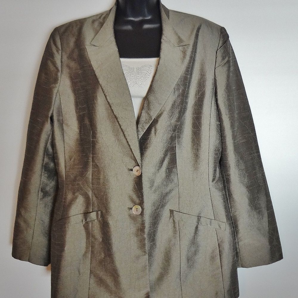 Jacqueline Ferrar Button Down Jacket Size 16 Gray Green Shiny Long Sleeve
